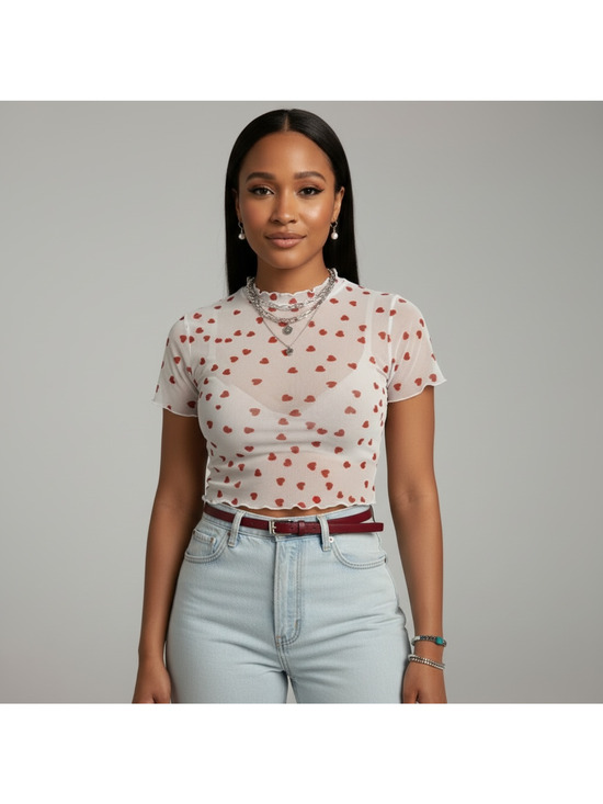 OMAYRA Tops - Allover Heart Mock Neck Mesh White Top